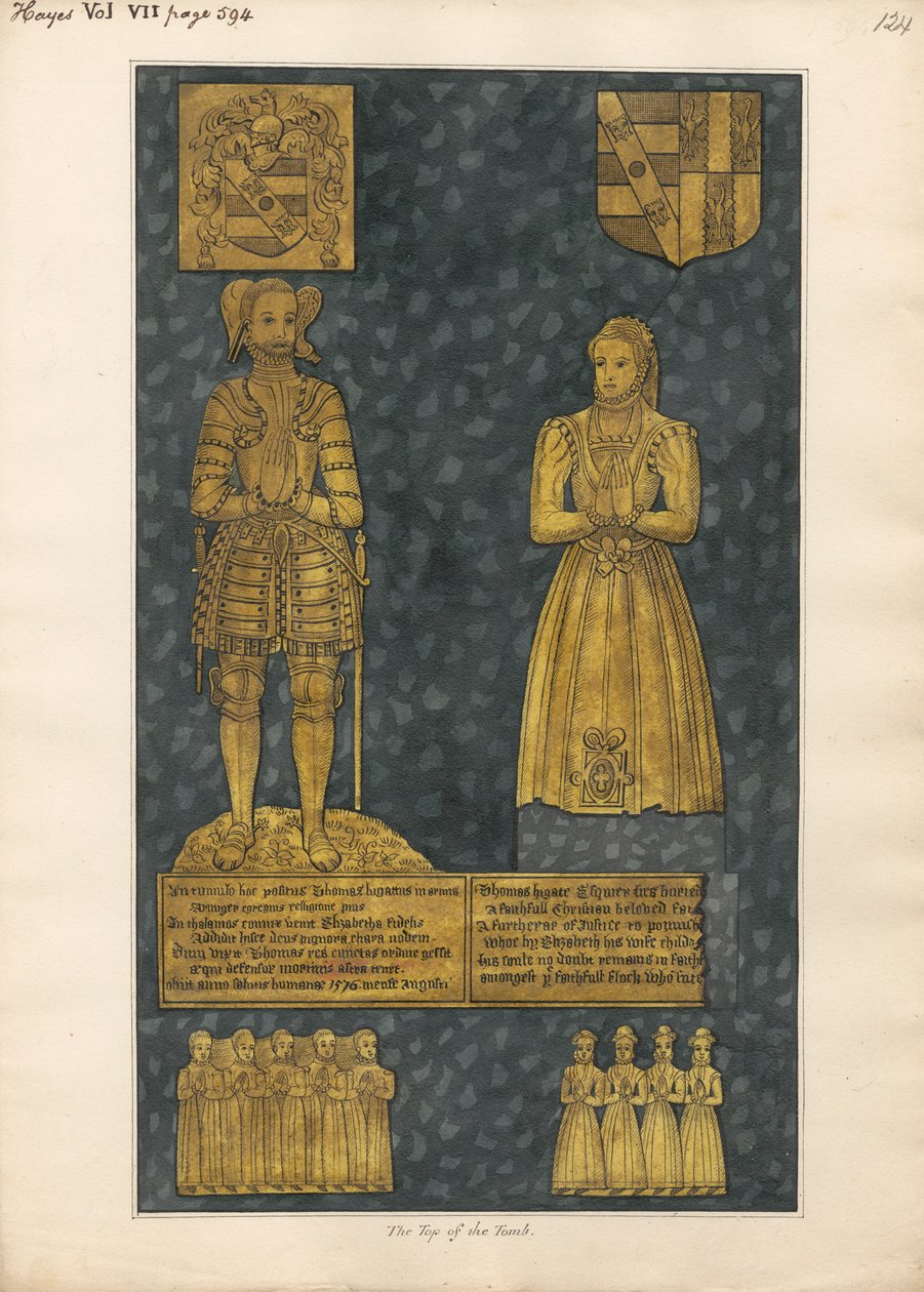 Placa de latón sobre la tumba de Thomas y Elizabeth Higate de la iglesia de Hayes de Daniel Lysons