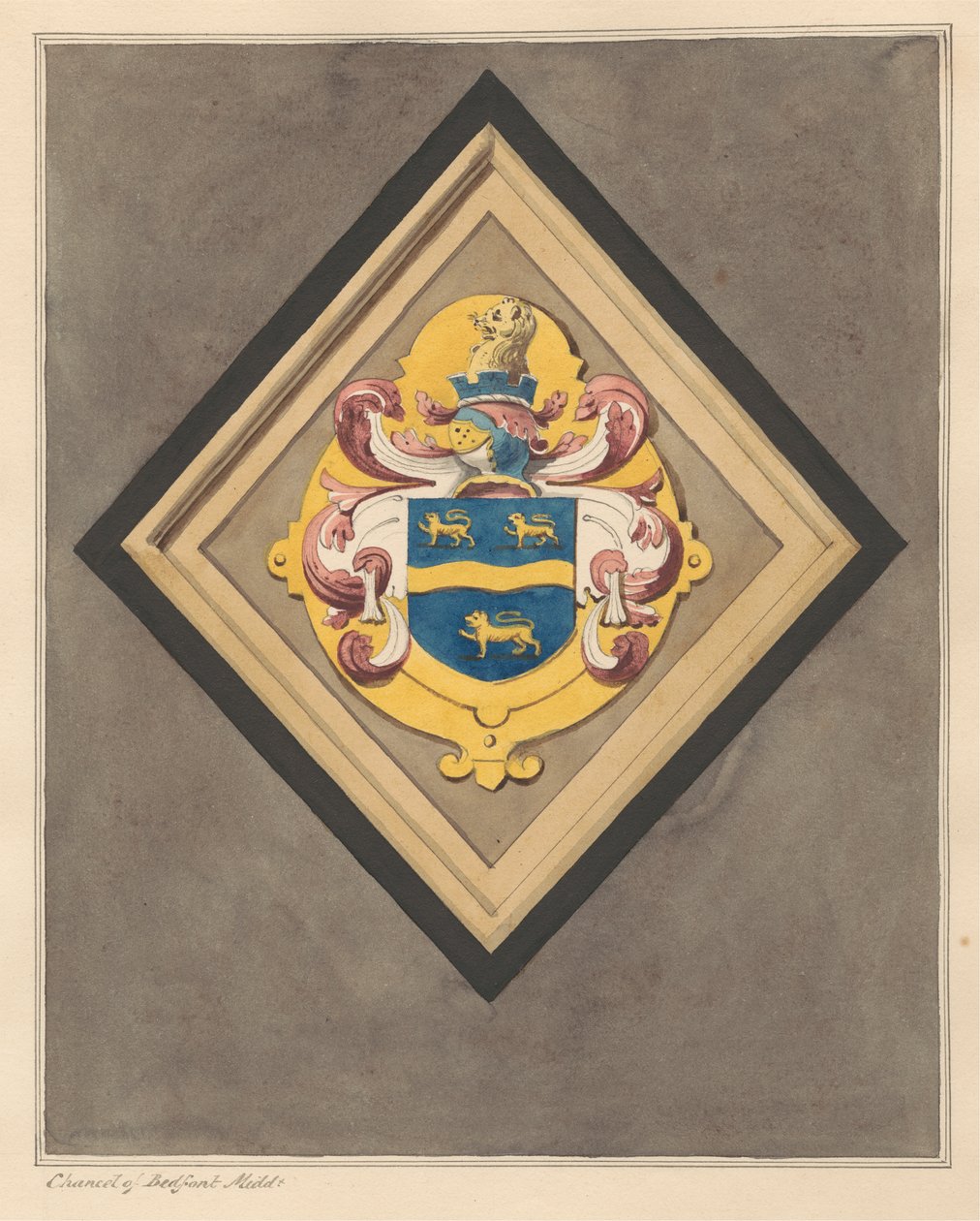 Escudo de armas en el coro de la iglesia de Bedfont de Daniel Lysons