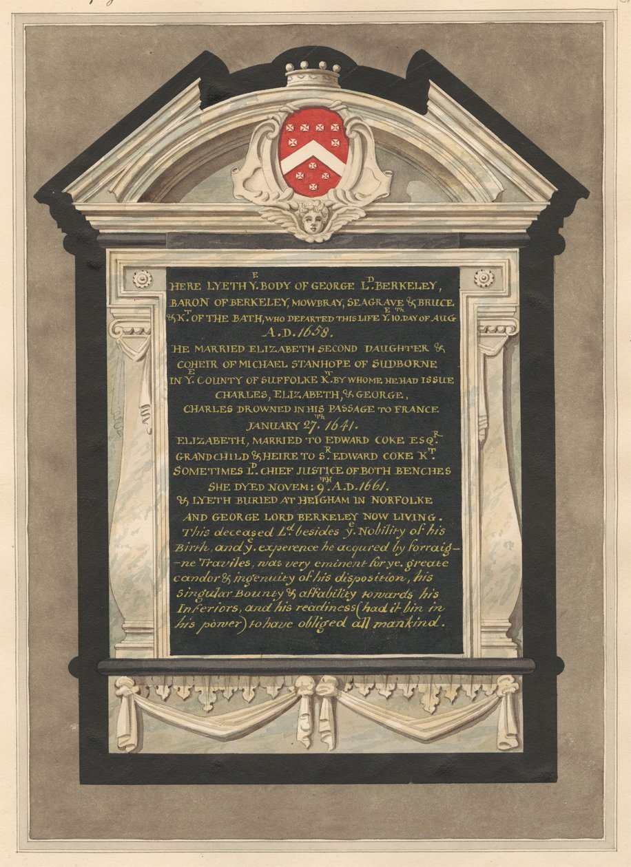Monumento a George Lord Berkeley de la iglesia de Cranford de Daniel Lysons