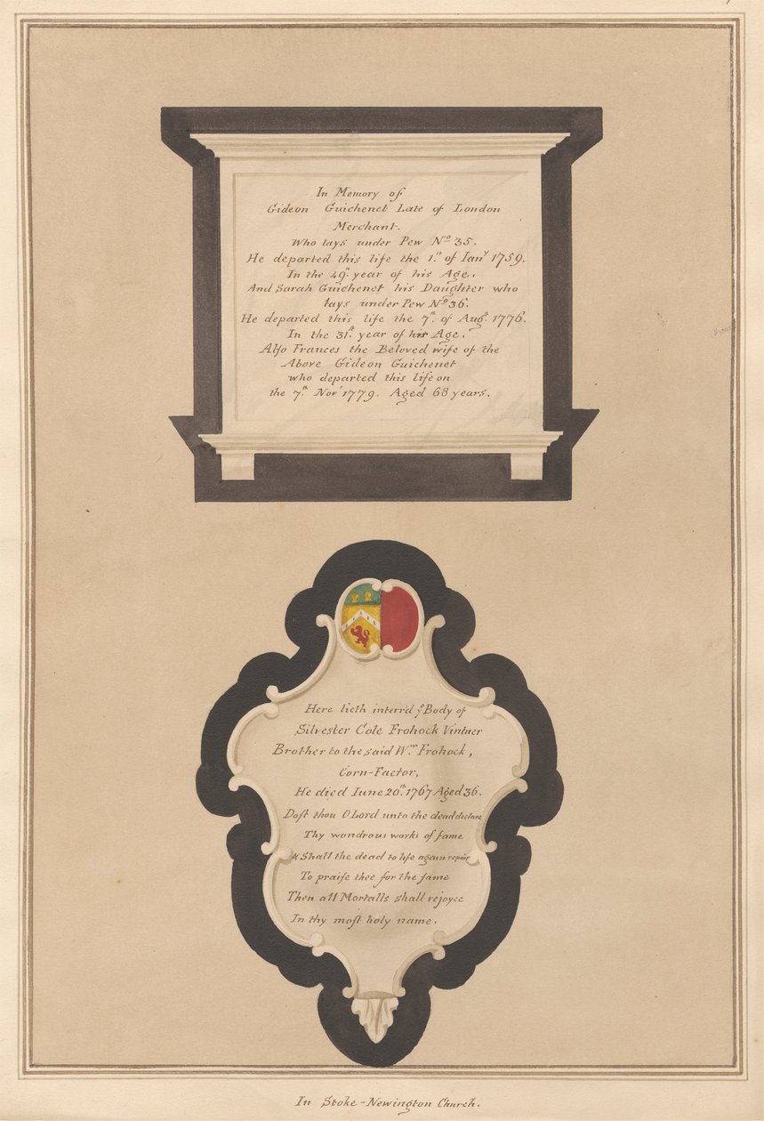 Conmemoración de Gideon y Frances Guichenet y de su hija Sarah, así como de Silvester Cote de Daniel Lysons