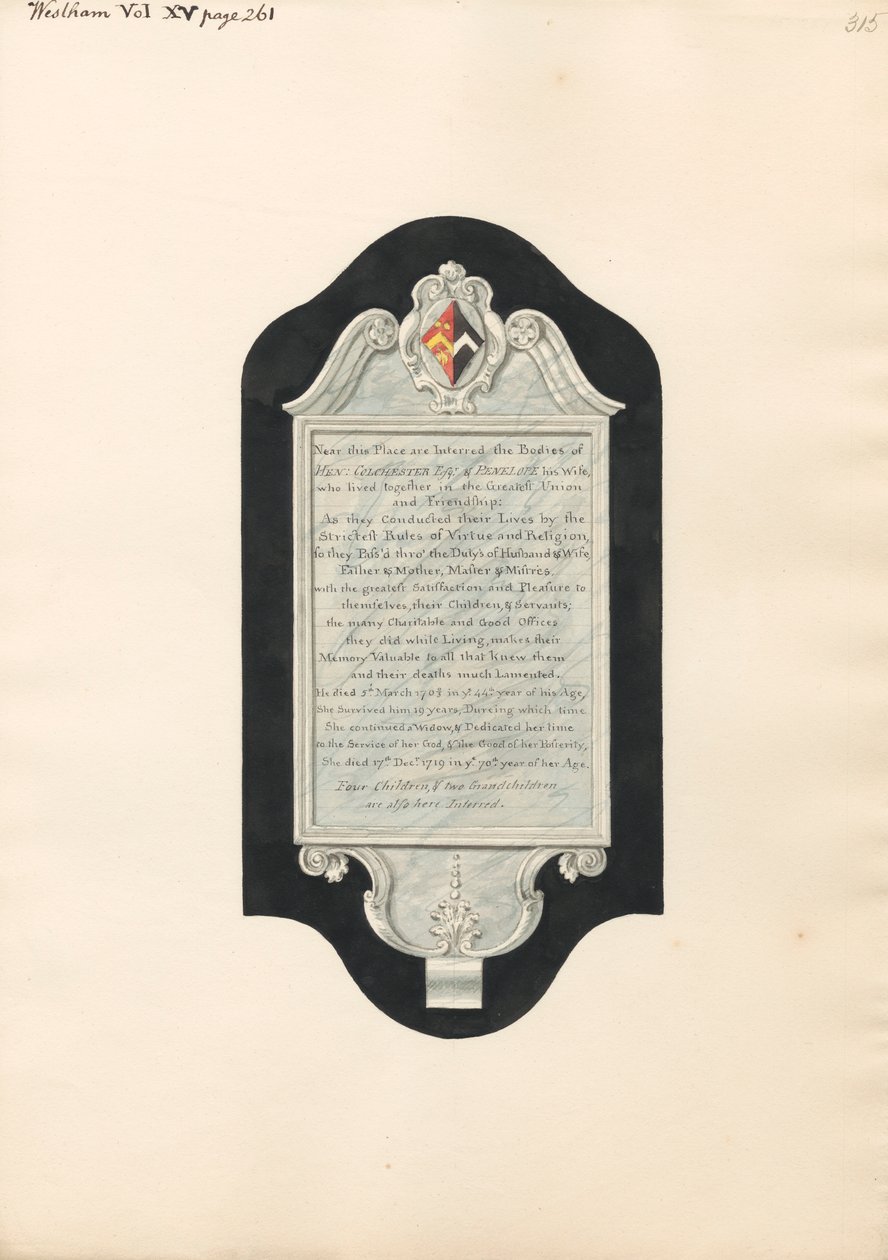 Monumento conmemorativo a Henry y Penelope Colchester, y a cuatro hijos y dos nietos, de la iglesia de West Ham de Daniel Lysons