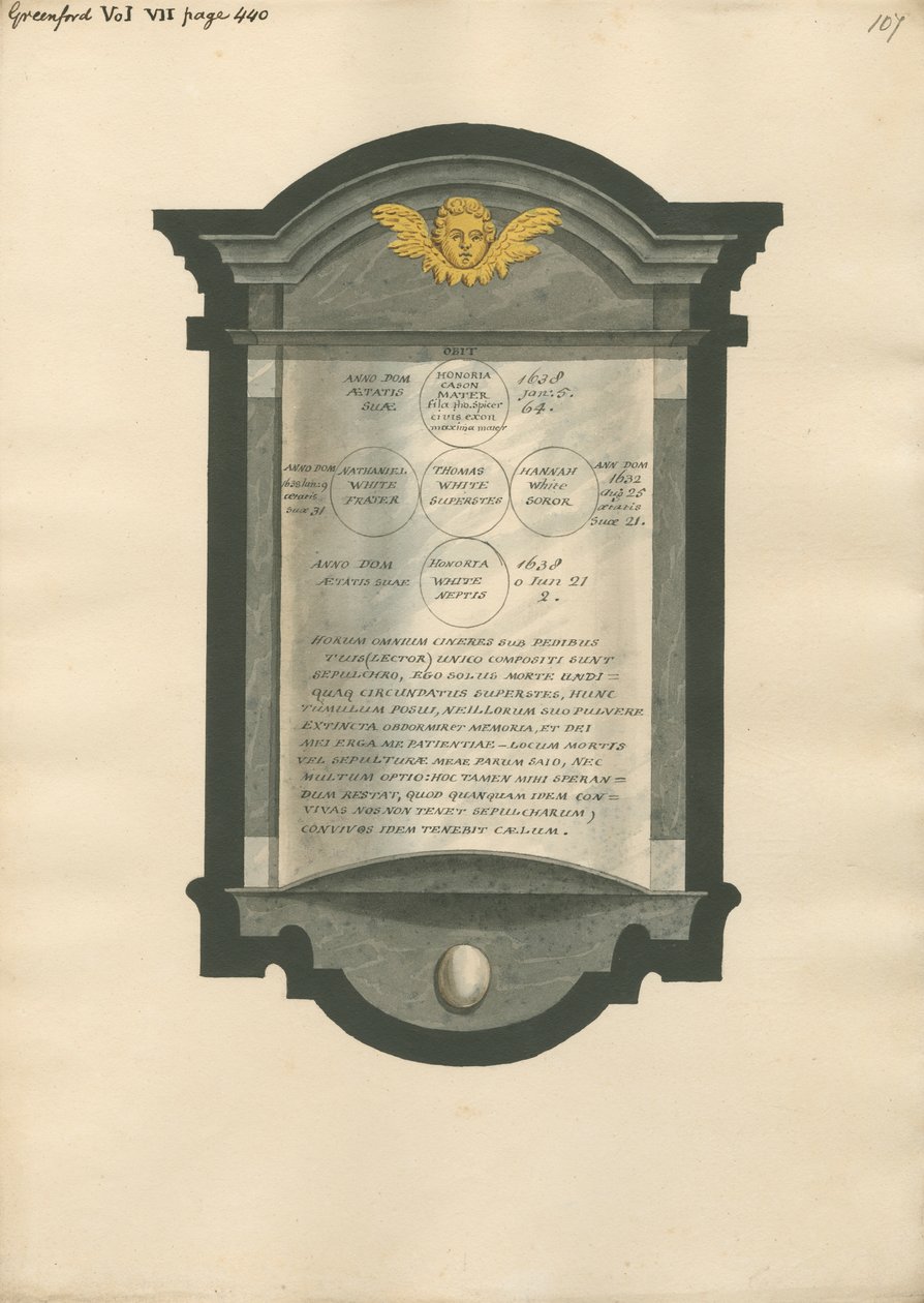 Conmemoración de Honoria Cason, Nathaniel, Thomas, Hannah y Honoria White de la iglesia de Greenford de Daniel Lysons