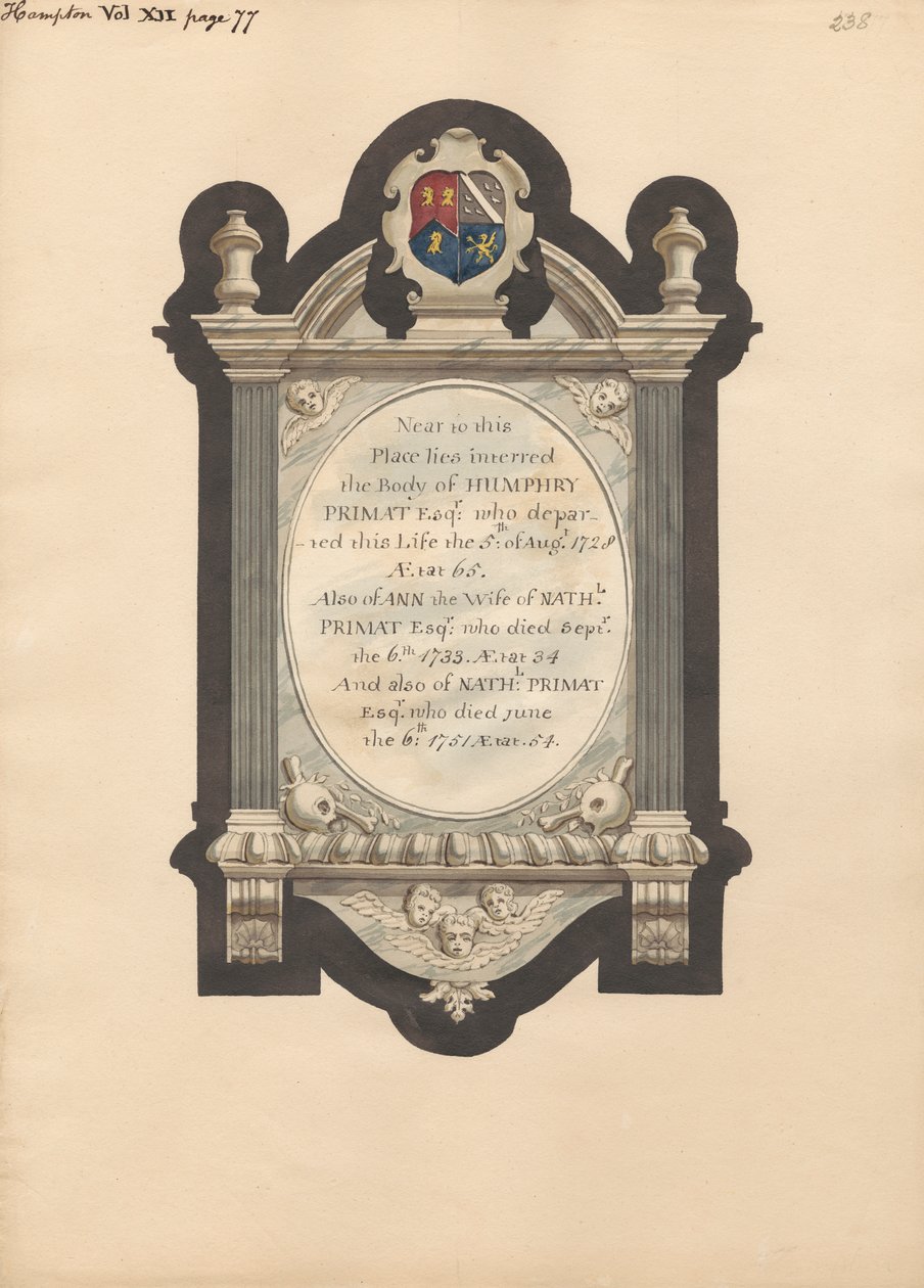Monumento a Humphry Primat, Nathaniel y Ann Primat de la iglesia de Hampton de Daniel Lysons