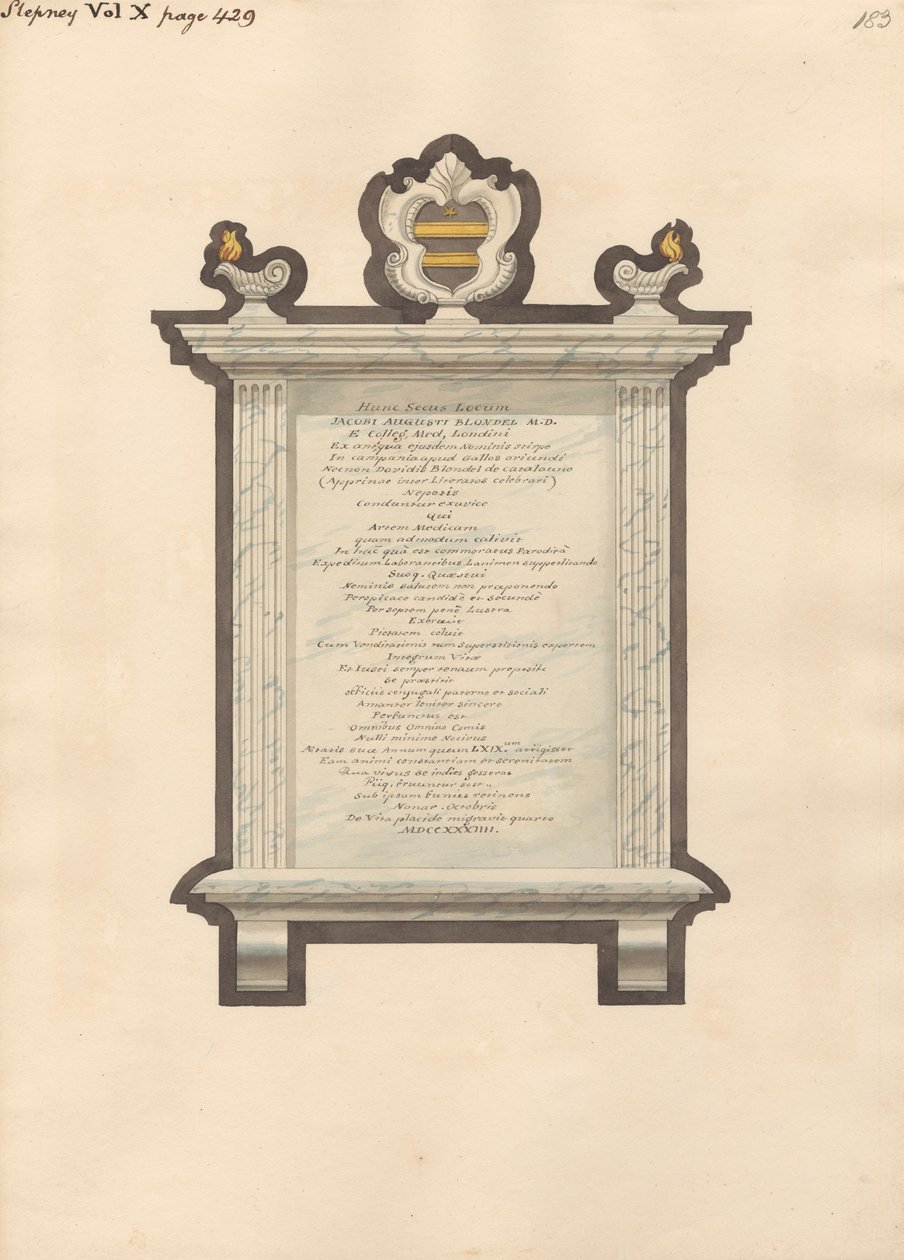 Monumento a Jacob Augustus Blondel de la iglesia de Stepney de Daniel Lysons