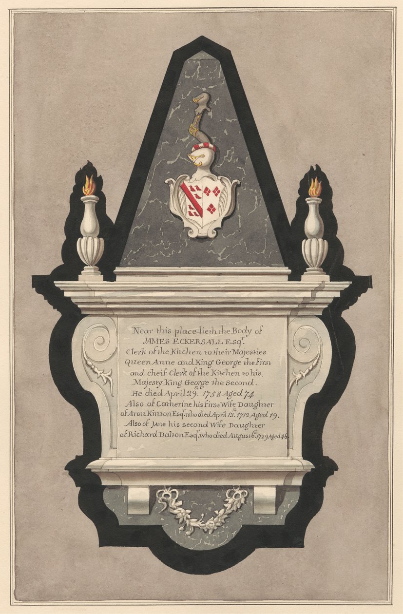 Conmemoración de James Eckersall y su esposa Catherine y su segunda esposa Jane de la iglesia de Drayton de Daniel Lysons