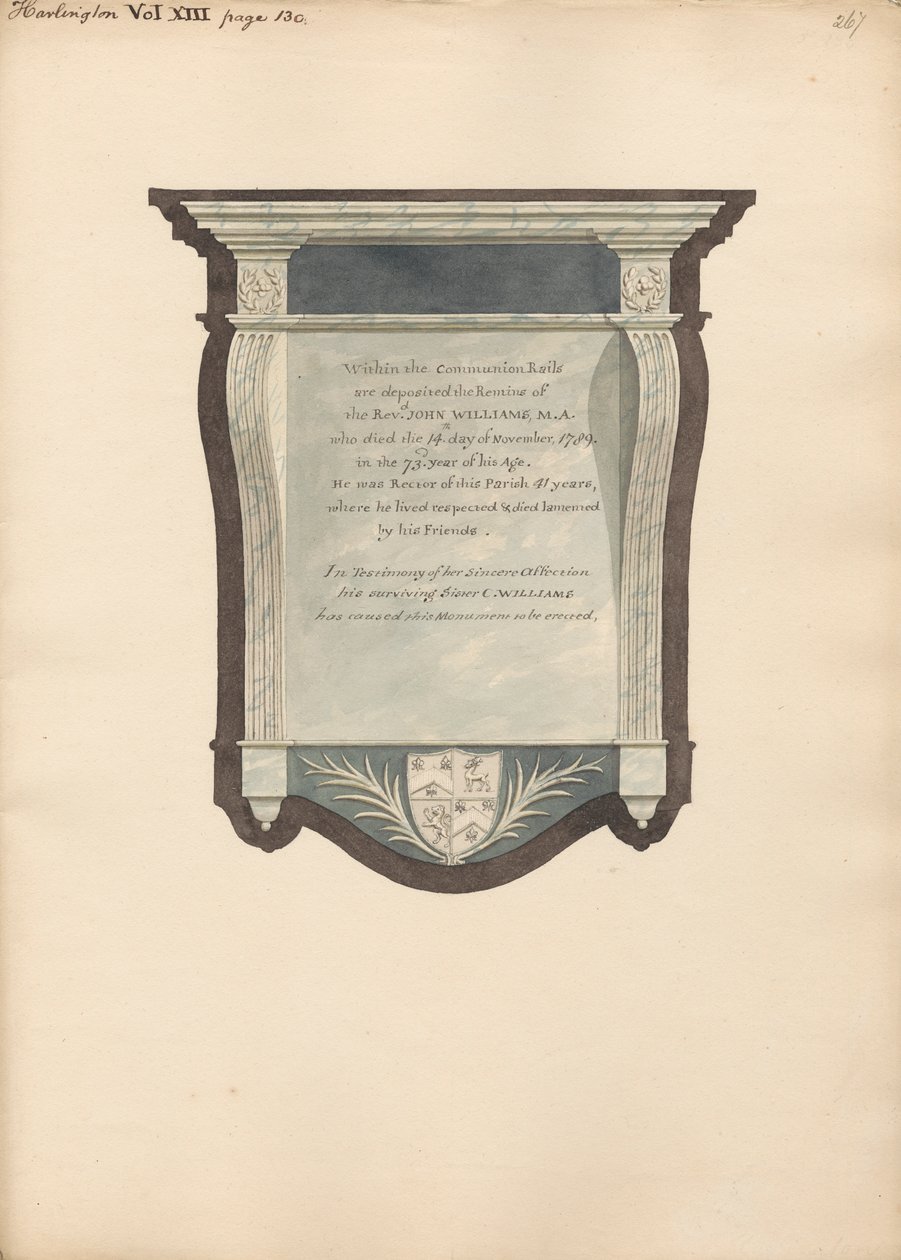 Monumento a John William de la iglesia de Harlington de Daniel Lysons