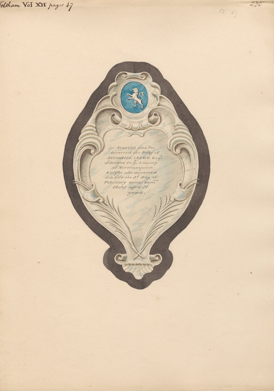 Monumento a Nathaniel Crewe de la iglesia de Feltham de Daniel Lysons
