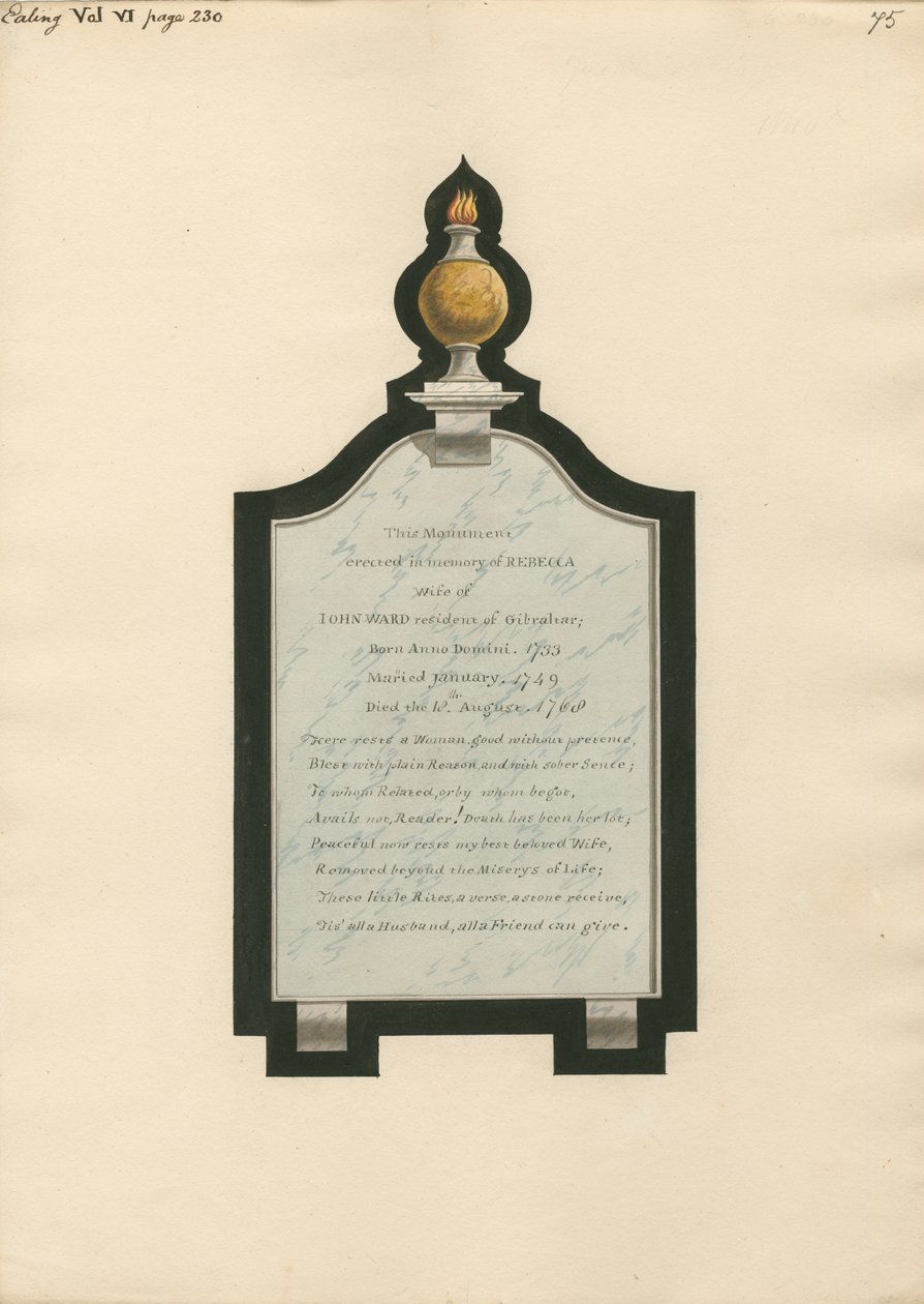 Monumento a Rebecca, esposa de John Ward, de la iglesia de Ealing de Daniel Lysons