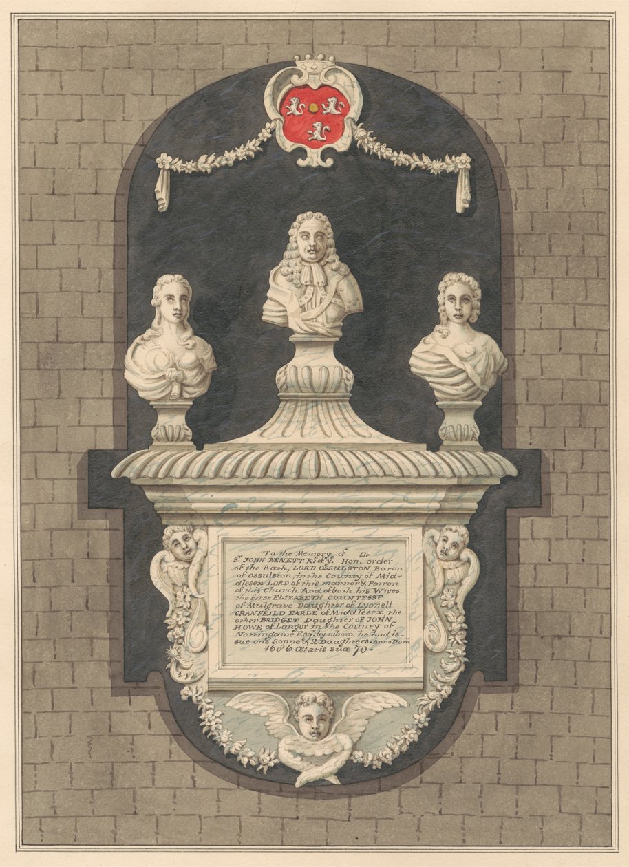 Monumento a Sir John Benett y sus esposas Elizabeth y Bridget de la iglesia de Harlington de Daniel Lysons