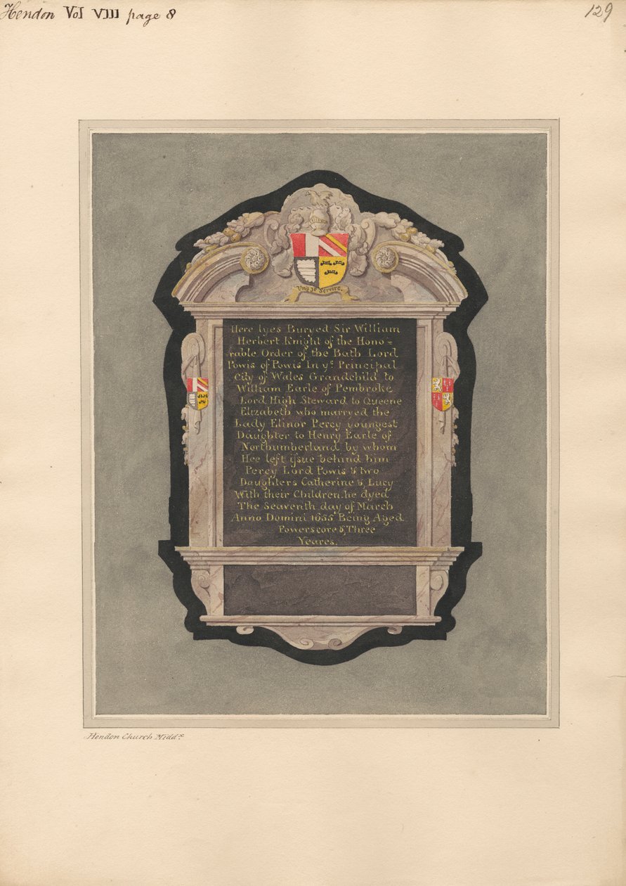 Monumento a Sir William Herbert desde la iglesia de Hendon de Daniel Lysons