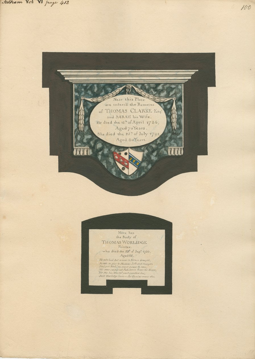 Monumento conmemorativo a Thomas Clarke y su esposa Sarah y Thomas Worlidge de la iglesia de Fulham de Daniel Lysons