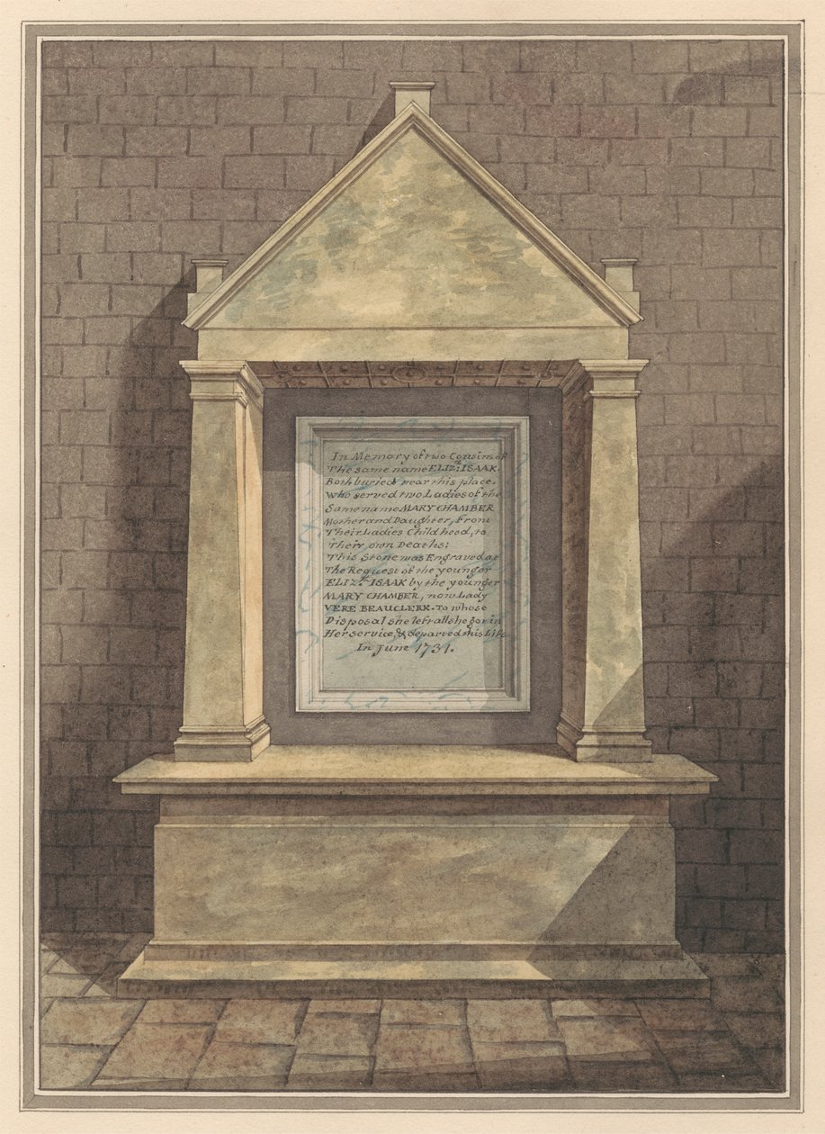 Conmemoración de dos primas, ambas de nombre Elizabeth Isaak, de la iglesia de Hanworth de Daniel Lysons