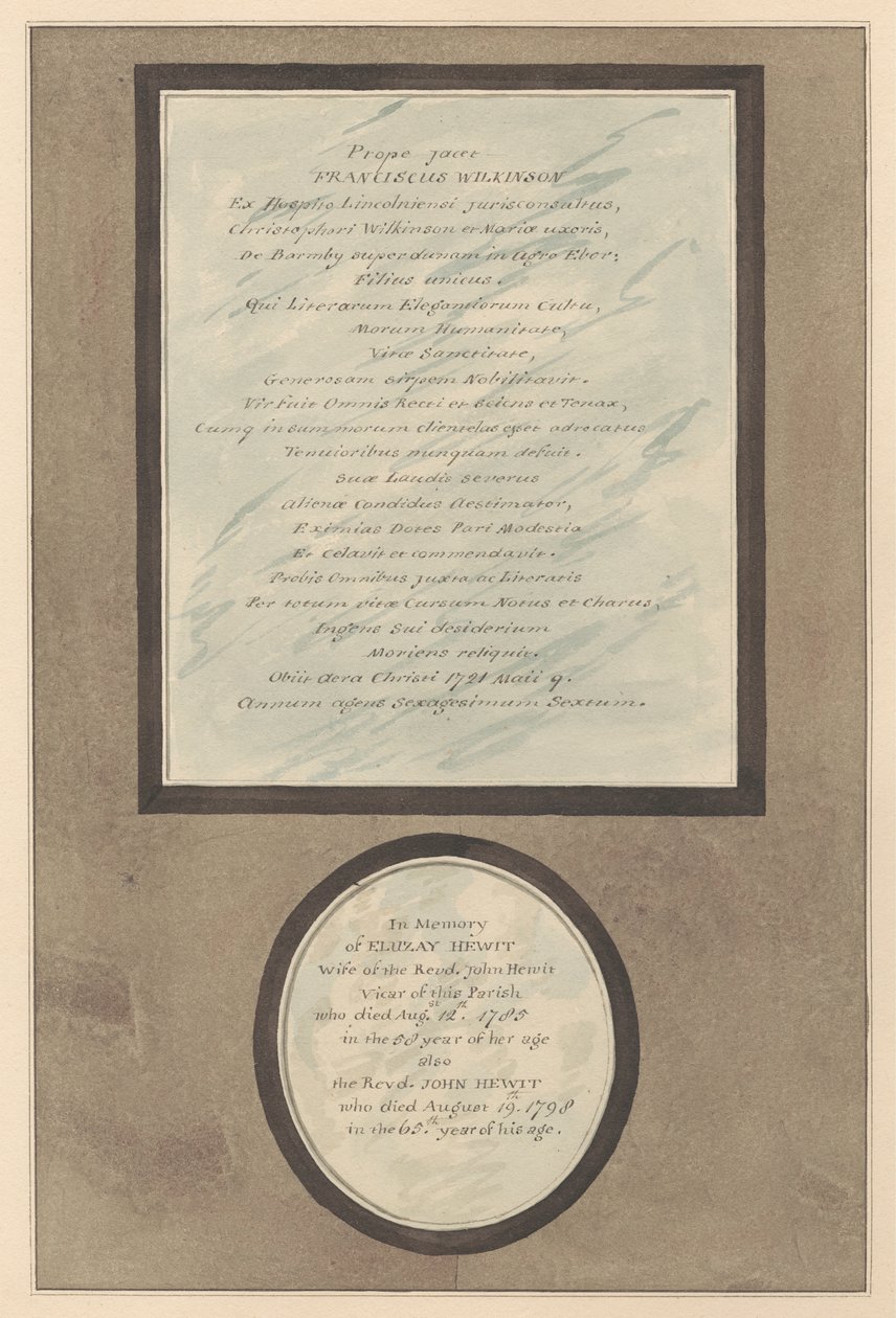 Recuerdos a Francis Wilkson y John y Eluzay Hewitt de la Iglesia de Feltham de Daniel Lysons