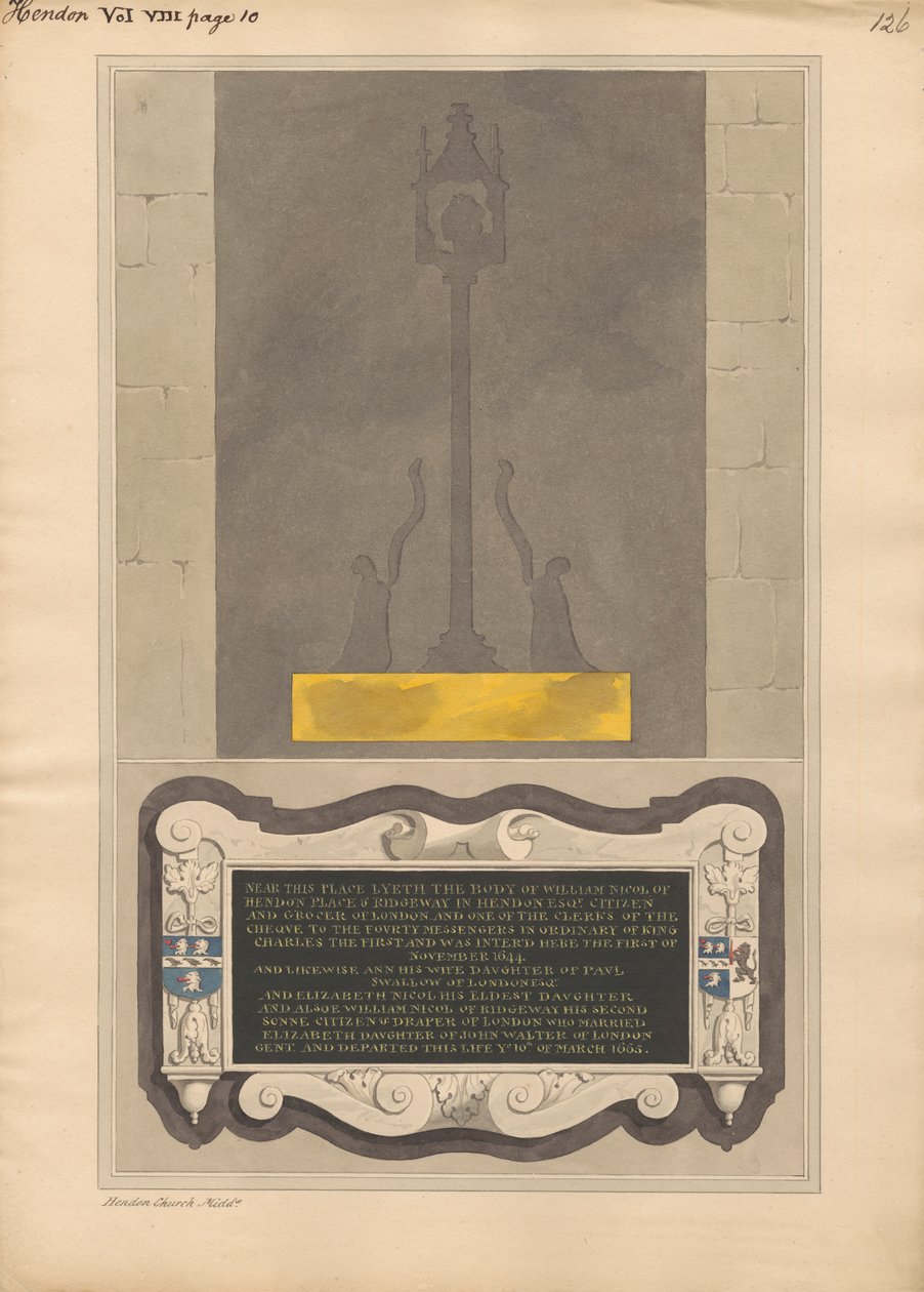 Restos de placa de latón y monumento conmemorativo a William Nicol y Ann su esposa y Elizabeth su hija y William su hijo de la iglesia de Hendon. de Daniel Lysons