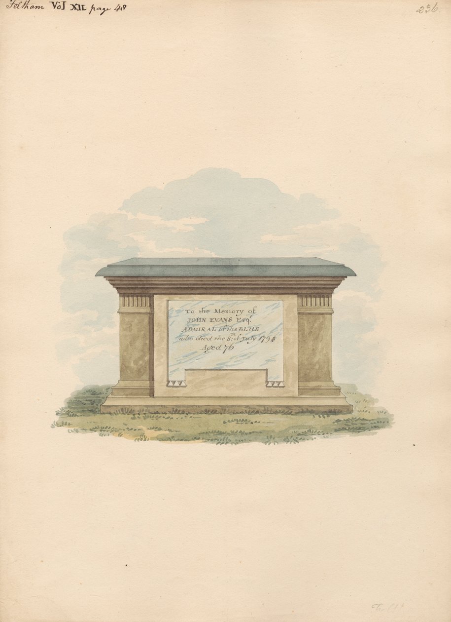 Tumba de John Evans desde la iglesia de Feltham de Daniel Lysons