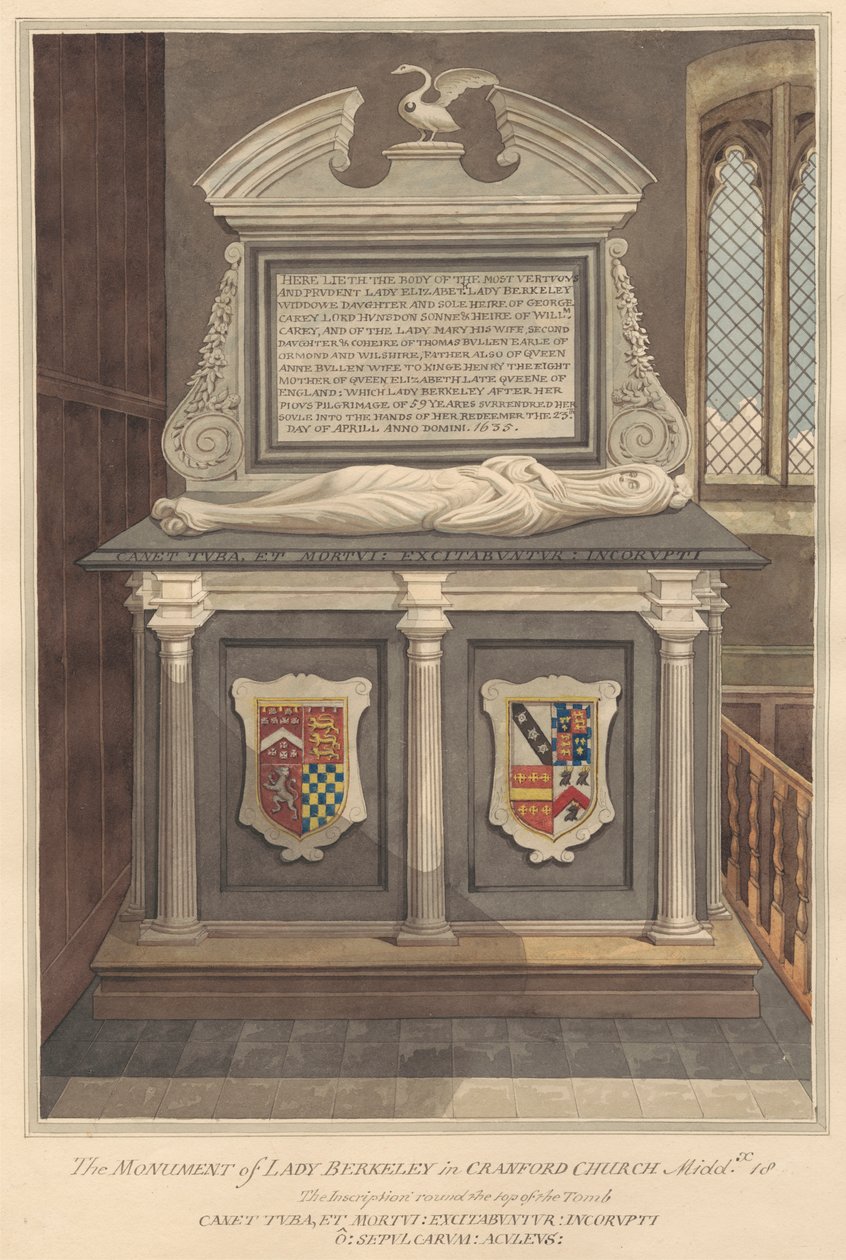 Tumba de Lady Elizabeth Berkeley desde la iglesia de Cranford de Daniel Lysons