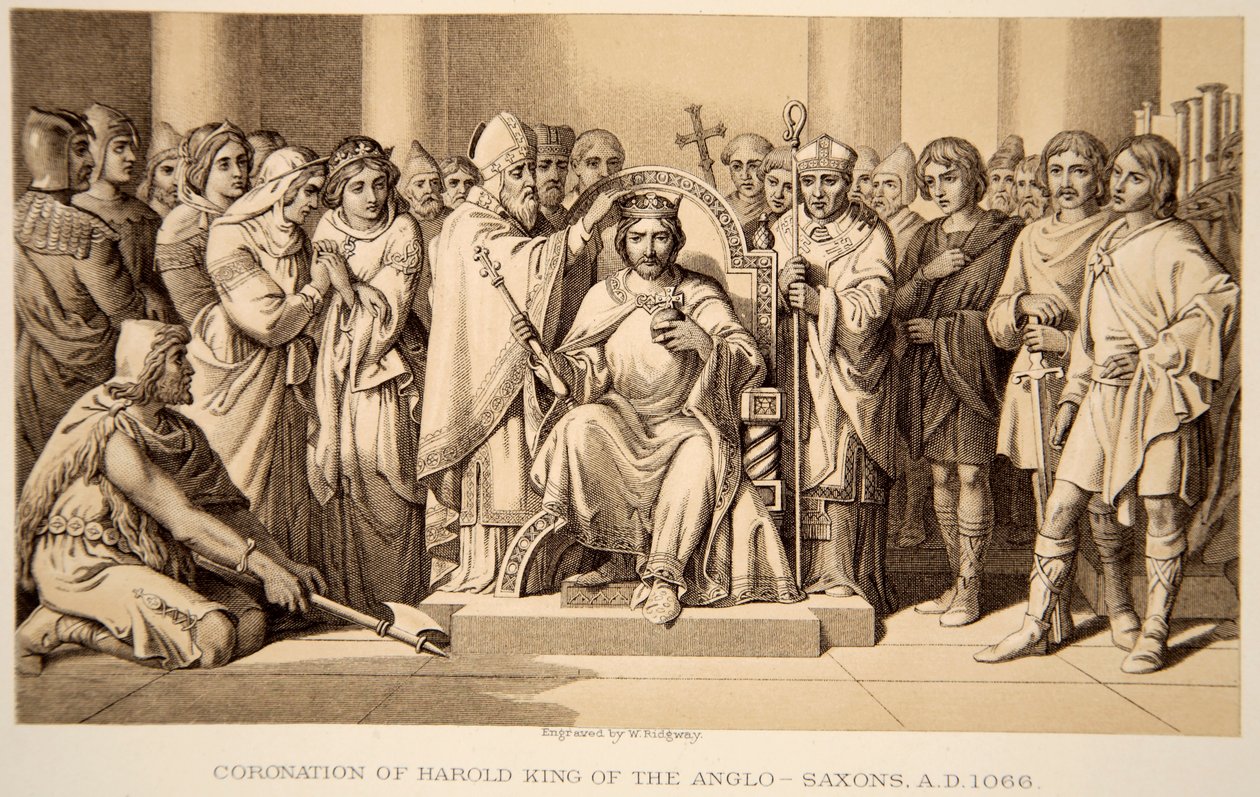 Coronación de Harold II en 1066, grabado por W. Ridgeway de Daniel Maclise