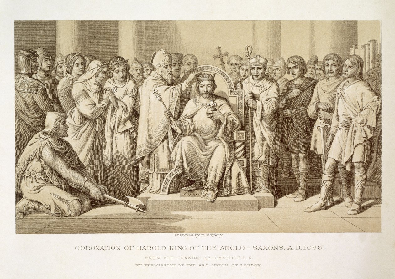 Coronación de Harold, Rey de los Anglo-Sajones, grabado por W. Ridgeway de Daniel Maclise