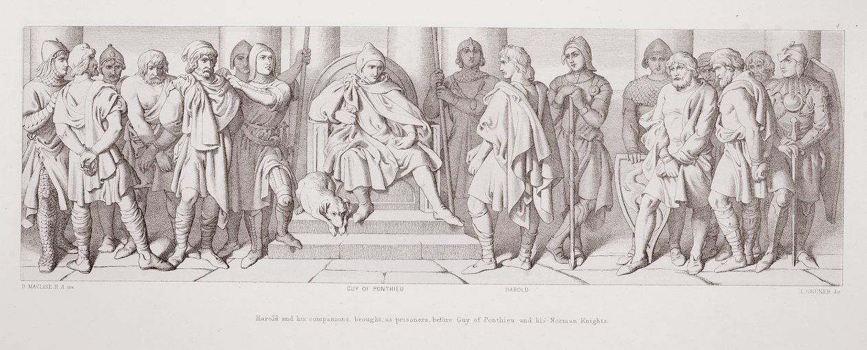 Harold y sus compañeros llevados, como prisioneros, ante Guy de Ponthieu y sus caballeros normandos, de 