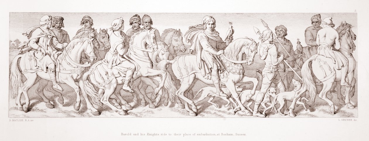Harold y sus caballeros cabalgan hacia su lugar de embarque, en Bosham, Sussex, de 