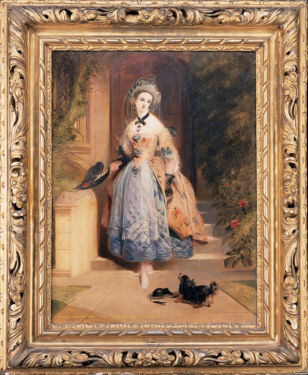 Retrato de Louisa Jane, Marquesa de Abercorn, pequeña figura de cuerpo entero, con un vestido amarillo y azul ricamente bordado, en la entrada de una casa, con un spaniel, 1832 de Daniel Maclise