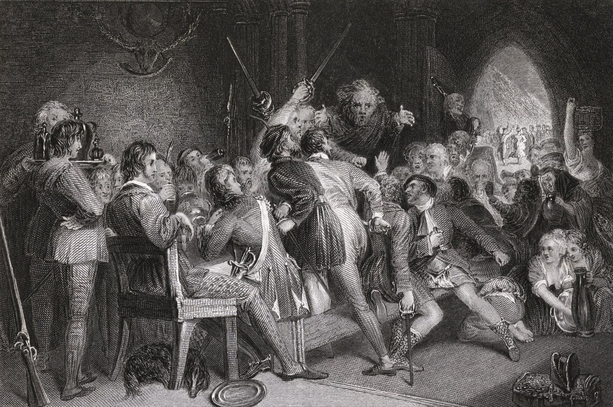 El Salón de Glennaquoich - una Fiesta de las Tierras Altas, grabado por P. Lightfoot, de 