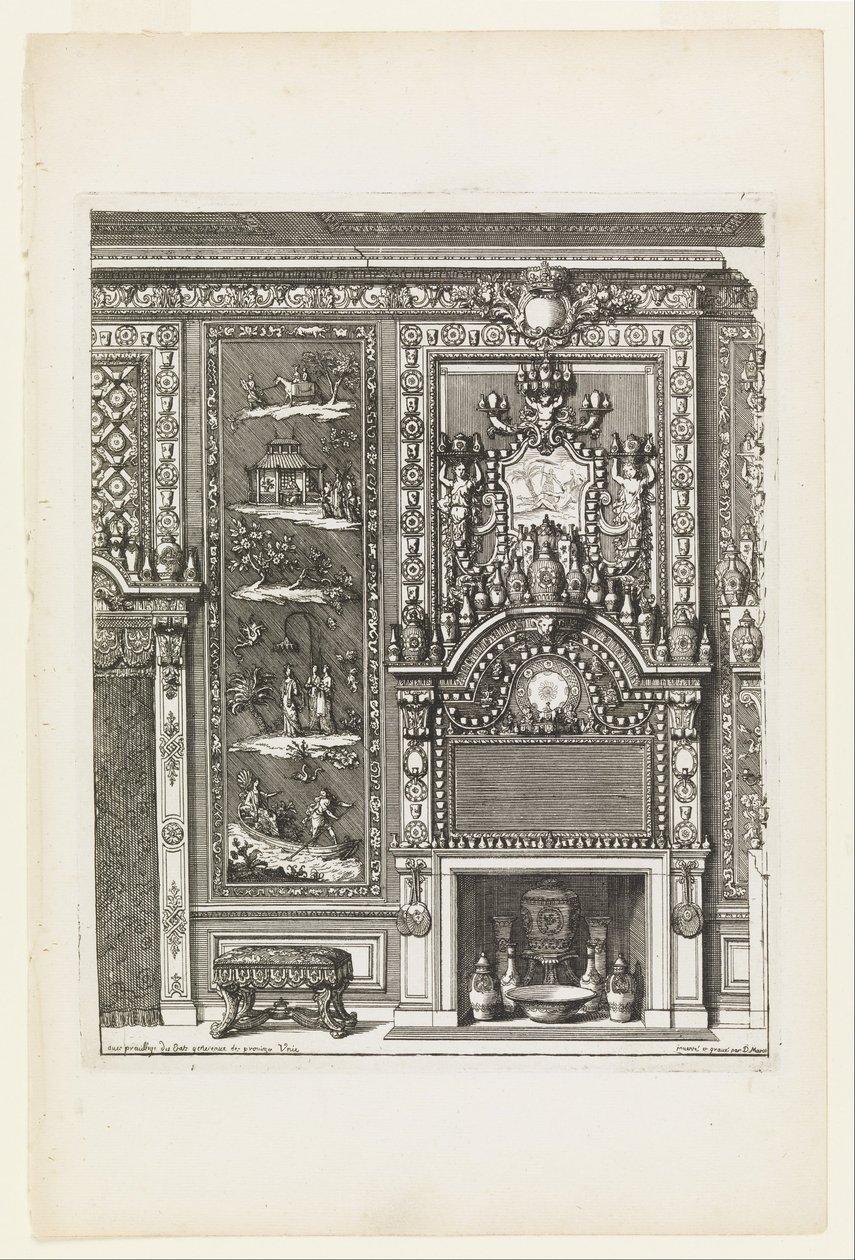 Diseño para una Pared de Chimenea con Paneles Lacados y Porcelana de Daniel Marot