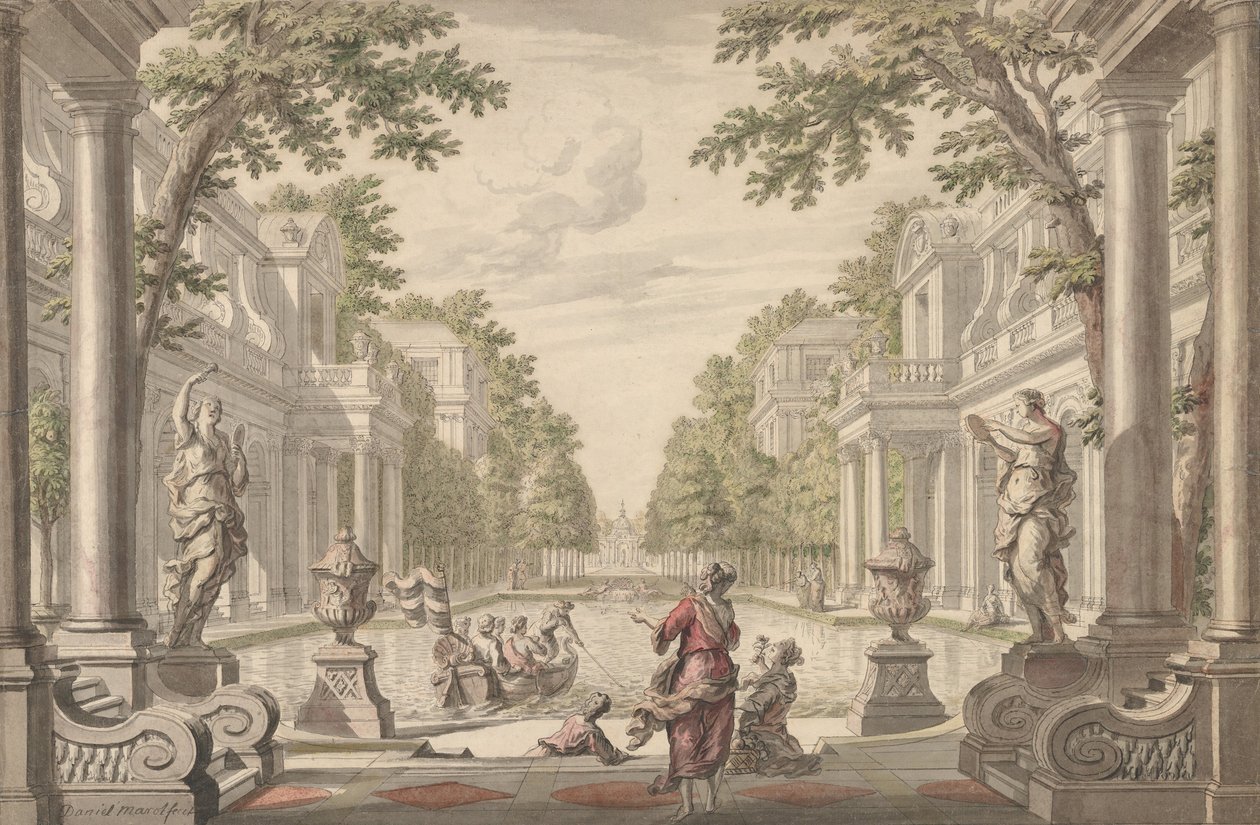Vista de un jardín de palacio con un estanque central rodeado de arquitectura clásica, ca. 1700-1720 de Daniel Marot