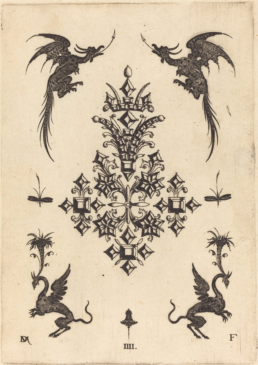Broche con piedras de mesa, dragones alados en la parte superior y grifos en la parte inferior de Daniel Mignot