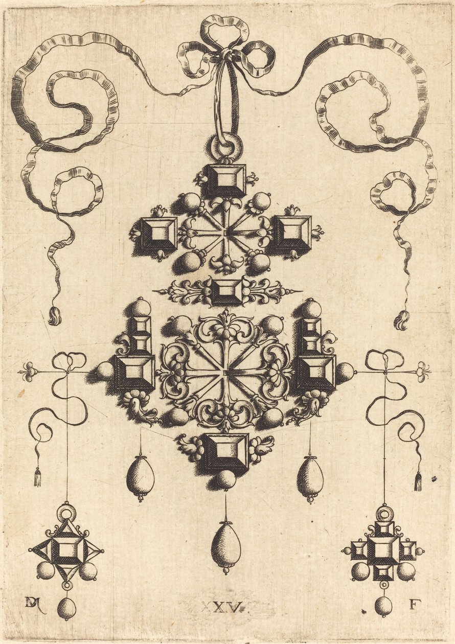 Colgante con dos cruces dobles, rodeado de cuatro piedras en forma de diamante, cinco piedras de mesa y trece perlas de Daniel Mignot