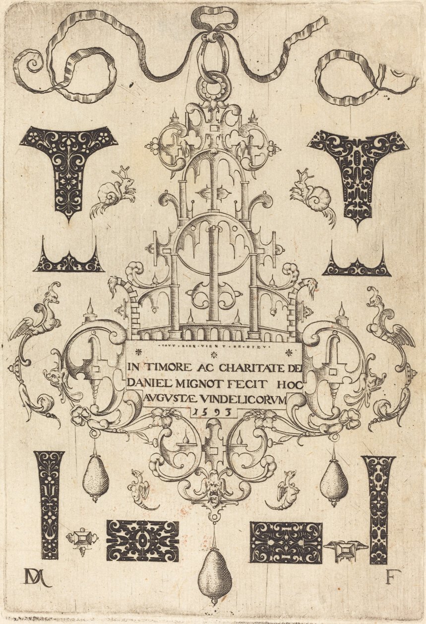 Página de título: Colgante, rodeado por ocho pequeños clavos de Daniel Mignot