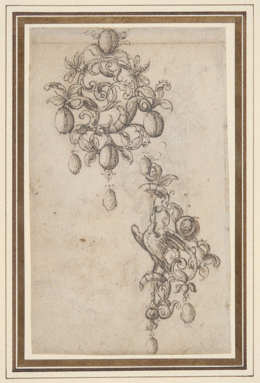 Dos diseños de broches con gotas de perlas (anverso); Diseño para un broche (verso) de Daniel Mignot