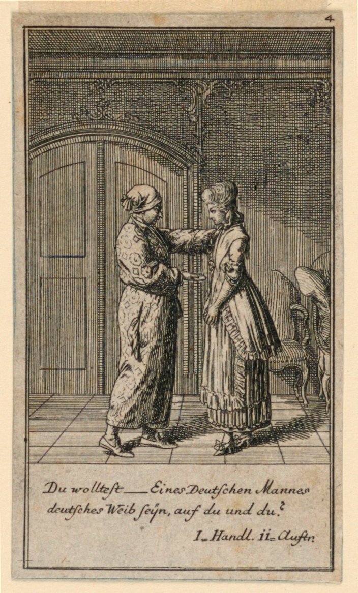 Un padre o tutor hablando con una niña, ilustración de la obra "Nicht mehr als sachs Schuesseln" de Fredrich Wilhelm Grossman en "Königl: Grosbrit [anische] Genealogischer Kalender auf das 1782 Jahr Lauenberg bey J.G. Berenberg" de Daniel Nikolaus Chodowiecki