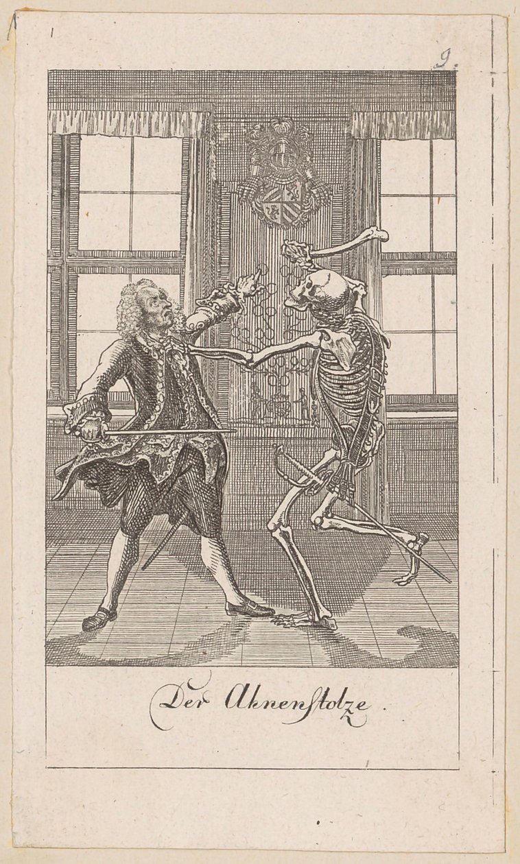 Orgulloso de sus antepasados, lámina 9 de la serie «La danza de la muerte» de Daniel Nikolaus Chodowiecki