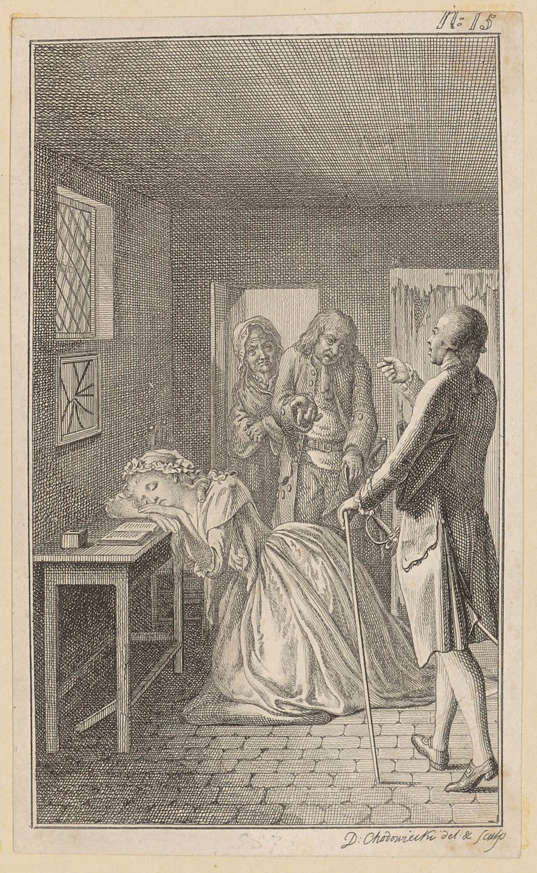 Durante su visita a la cárcel, Belford encuentra a Clarisse en la celda del verdugo Rowland. de Daniel Nikolaus Chodowiecki