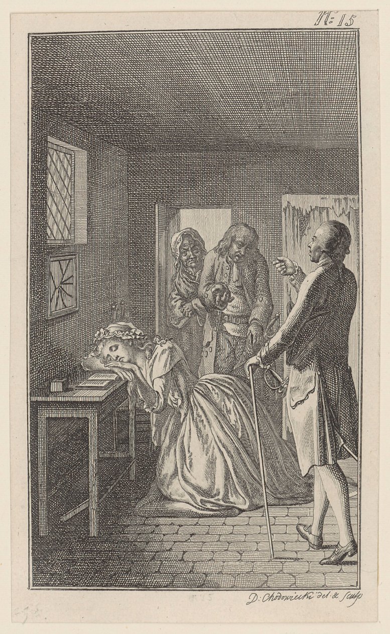 Durante su visita a la cárcel, Belford encuentra a Clarisse en la celda del verdugo Rowland. de Daniel Nikolaus Chodowiecki