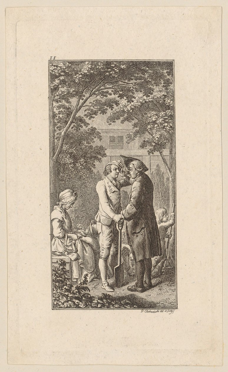 Visita del maestro de escuela del señor von Lindenberg al llamado «hombre marrón» de Daniel Nikolaus Chodowiecki