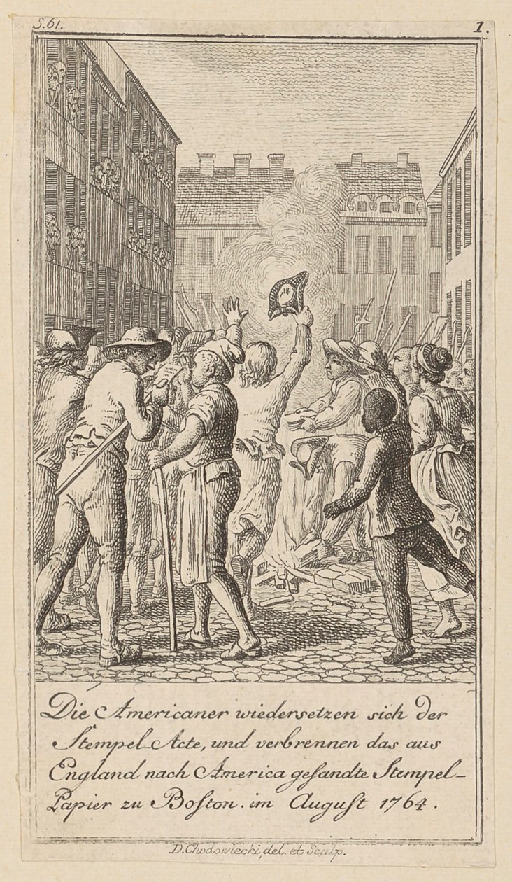 Lámina 1 de la serie para el ensayo «La historia de la revolución de América del Norte», de M. C. Sprengel. de Daniel Nikolaus Chodowiecki