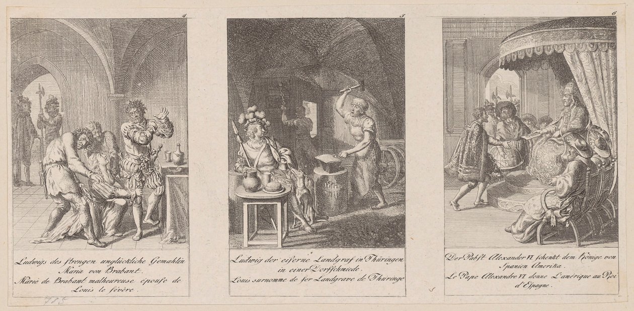 Láminas 4-6 de la serie «Historia de la Edad Media» de Daniel Nikolaus Chodowiecki