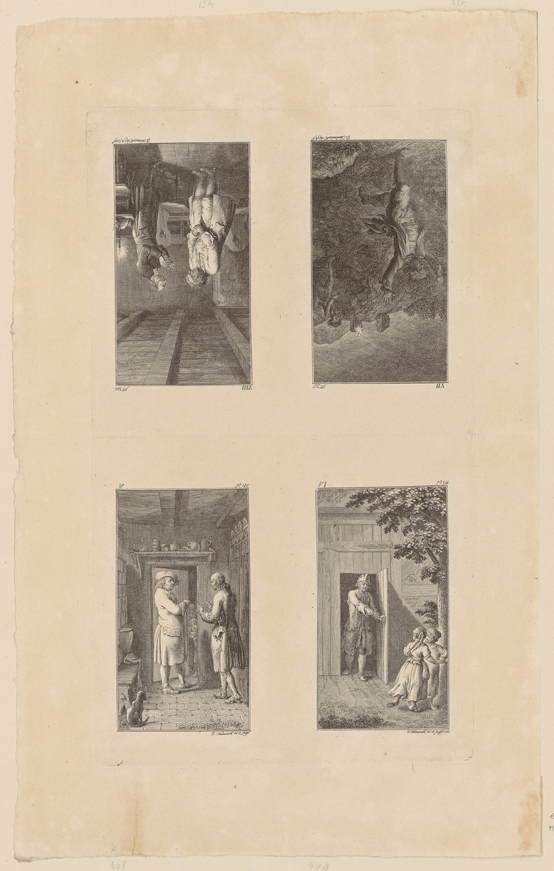 Páginas 5-8 de «Lienhard y Gertrud», de Pestalozzi de Daniel Nikolaus Chodowiecki