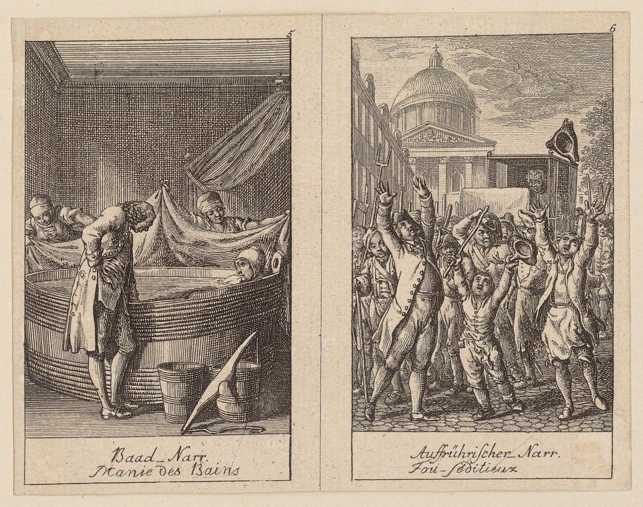 Hojas 5 y 6 de *Centifolium Stultorum*, «Locuras» de Daniel Nikolaus Chodowiecki