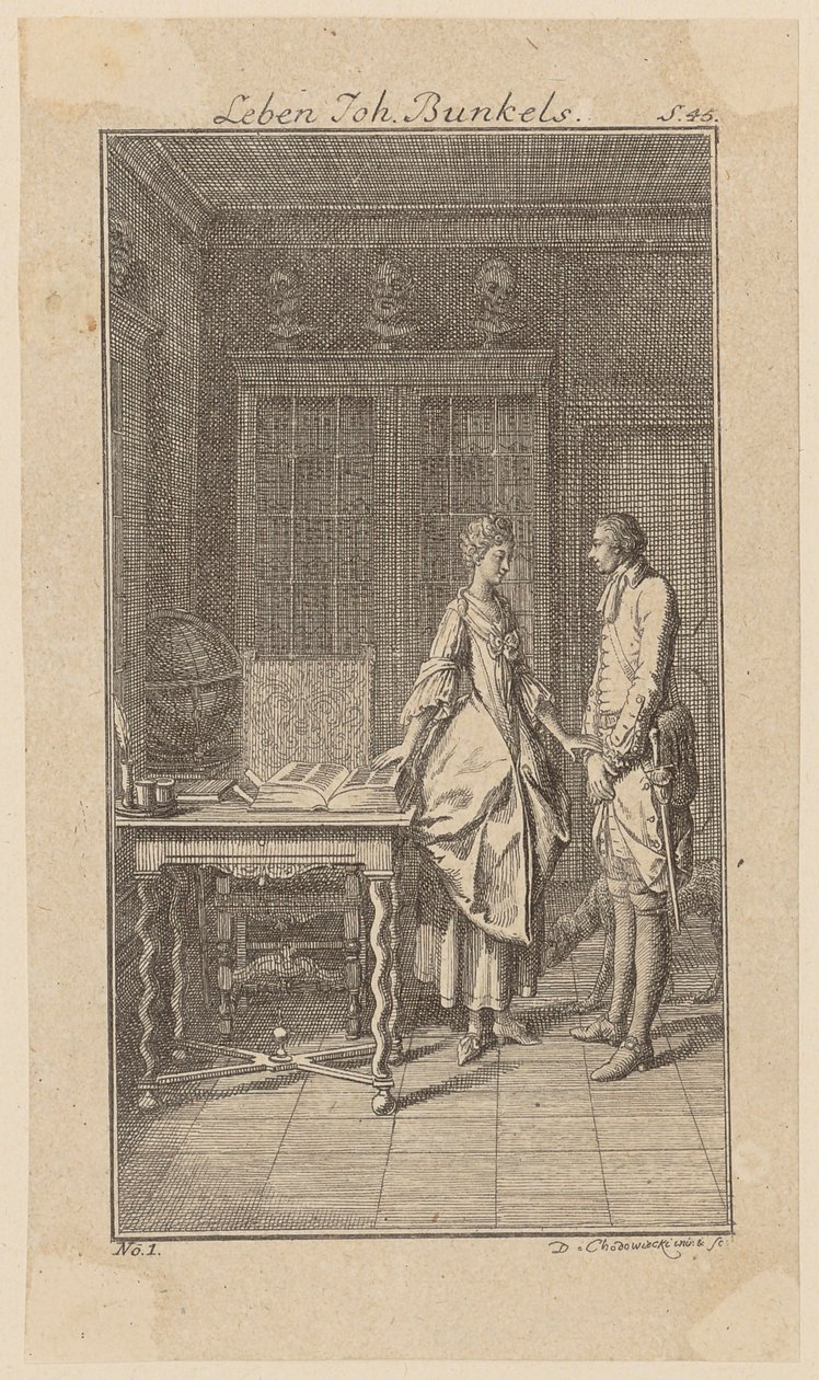 Bunkel en la biblioteca de la señorita Henriette Noel, hoja 1 de «Vida, observaciones y opiniones de Johann Bunkel» de Daniel Nikolaus Chodowiecki