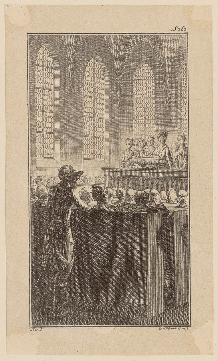 Bunkel en una capilla durante la oración matutina, página 3 de «Vida, observaciones y opiniones de Johann Bunkel» de Daniel Nikolaus Chodowiecki