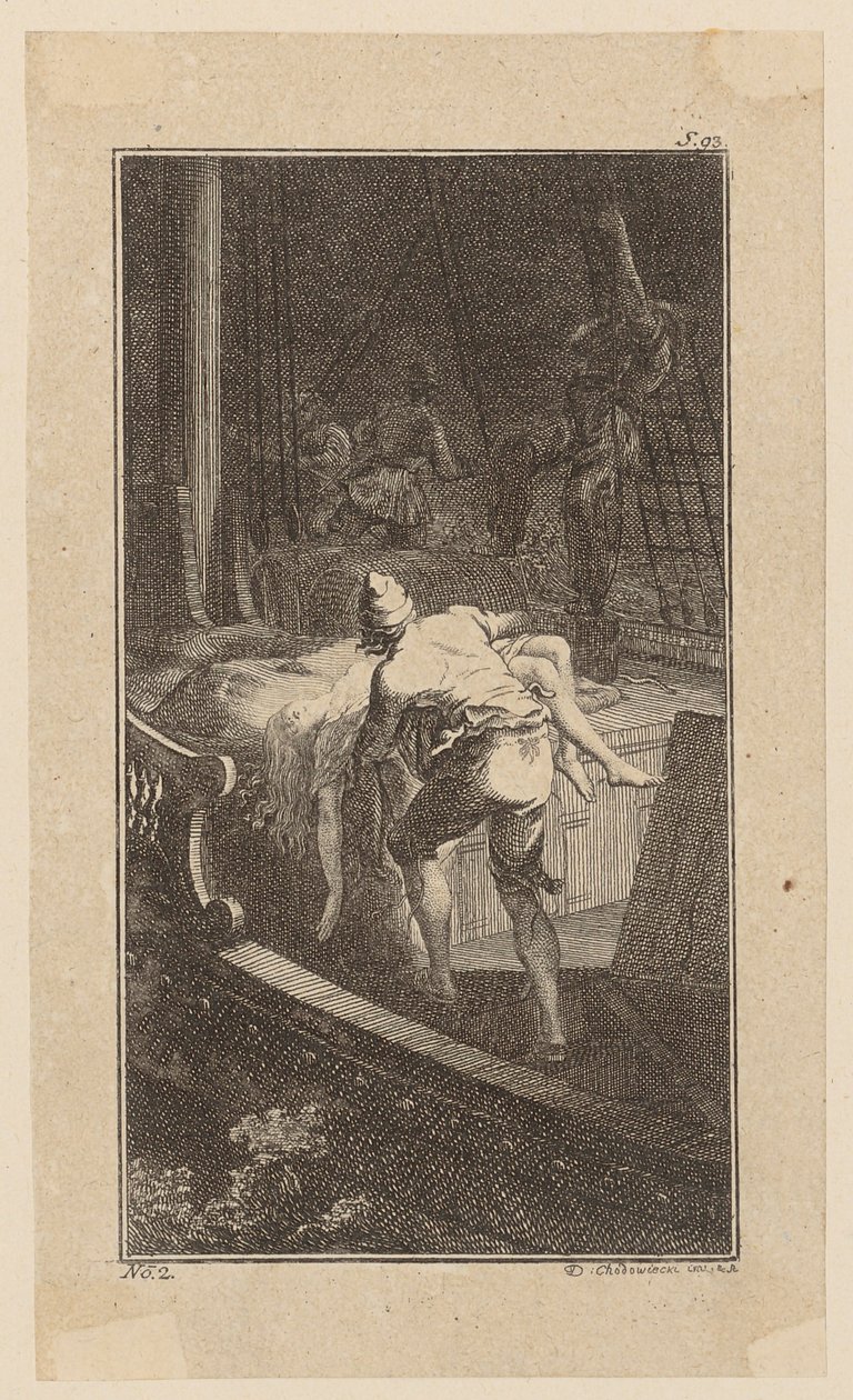 Bunkel lleva a Miss Melmoth de la cabina inundada a cubierta, lámina 2 de «Vida, observaciones y opiniones de Johann Bunkel» de Daniel Nikolaus Chodowiecki