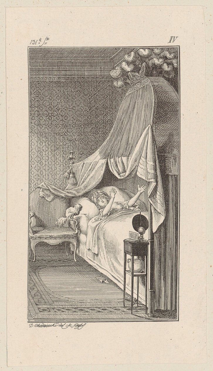 César quiere saltar a la cama de la señorita Charlotte, que está durmiendo. de Daniel Nikolaus Chodowiecki