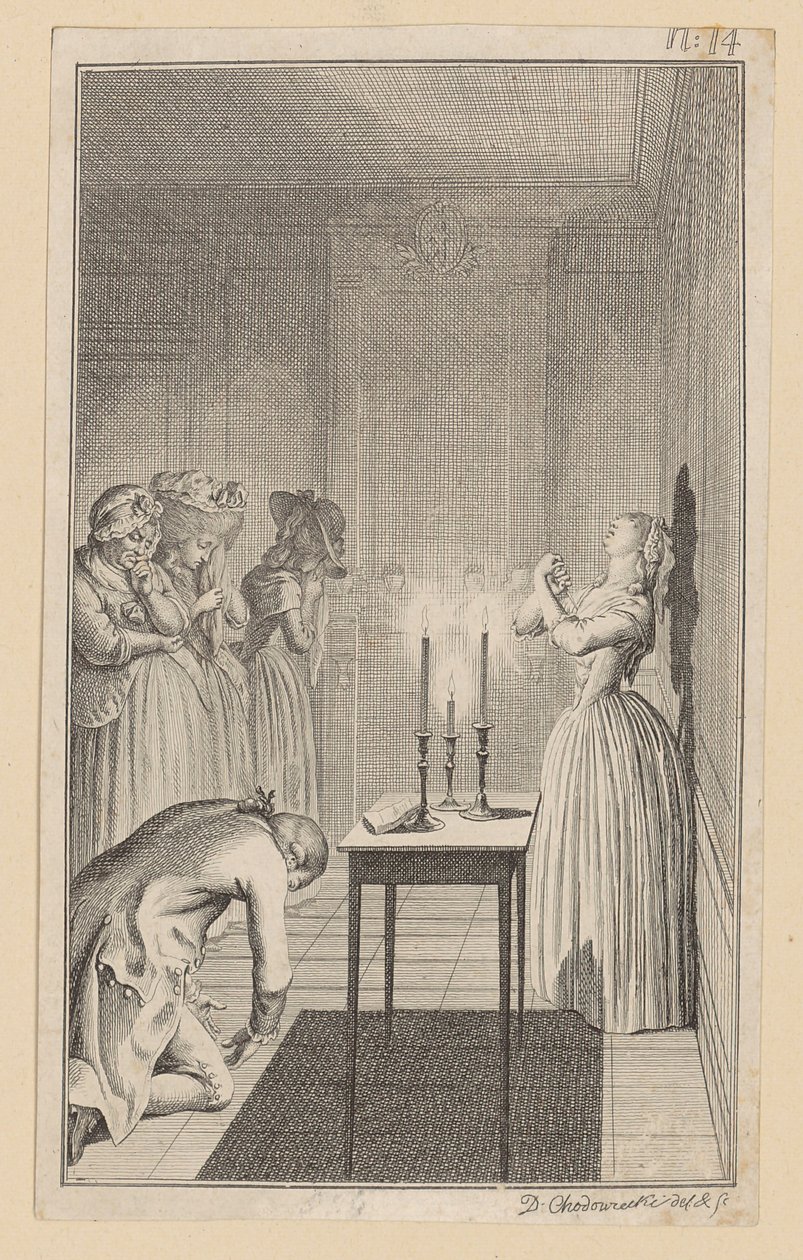 Clarisse amenaza con apuñalarse con un cuchillo para protegerse de la deshonra que le ha infligido Lovelace. de Daniel Nikolaus Chodowiecki
