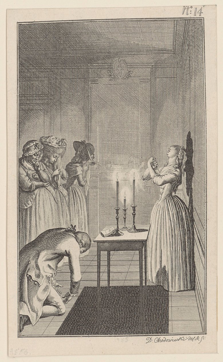 Clarisse amenaza con apuñalarse con un cuchillo para protegerse de la deshonra que le ha infligido Lovelace. de Daniel Nikolaus Chodowiecki