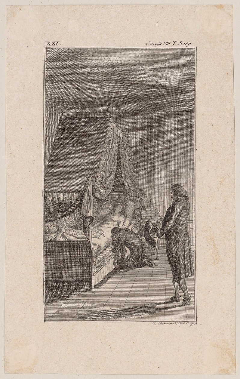 Clarisse, moribunda en la cama con dosel de Daniel Nikolaus Chodowiecki