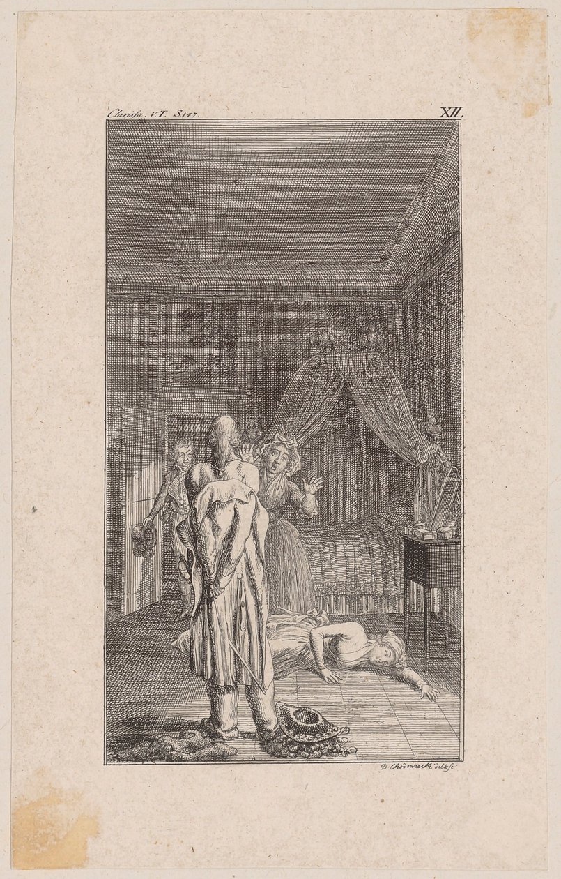 Tras huir del burdel, Clarisse es localizada y sorprendida por Lovelace, que va disfrazado. de Daniel Nikolaus Chodowiecki