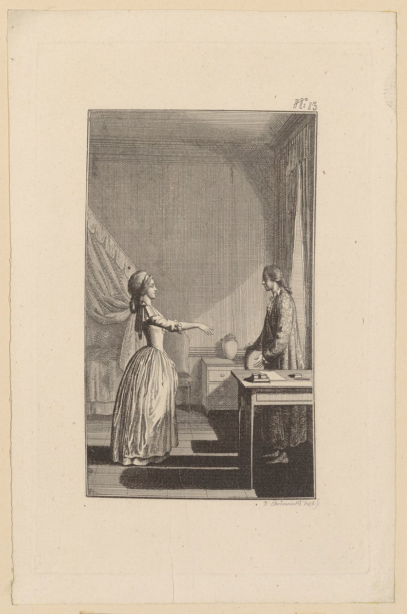 Clarisse acusa a Lovelace de dejarla desprotegida, deshonrada y despojada de toda tranquilidad y virtud de Daniel Nikolaus Chodowiecki